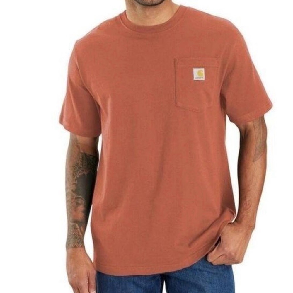 Carhartt Loose Fit Knit Pocket T-Shirt Cotton Orange Logo Crew Neck 3XL